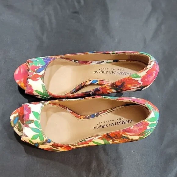 CHRISTIAN SIRIANO PEEP TOE HIGH HEEL STILETTO MULTI-COLOR FLORAL DETAILS PUMP - Picture 8 of 14